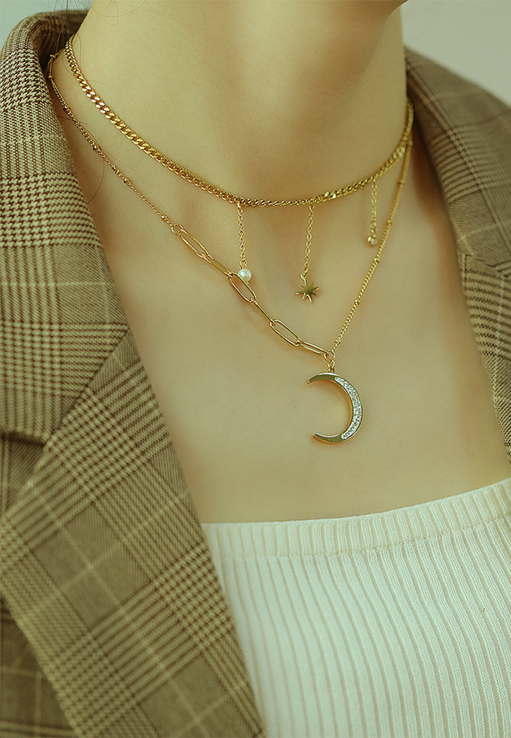 Celovis Jewellery - Isolda Cosmic Zirconia Crescent Moon Necklace in Gold