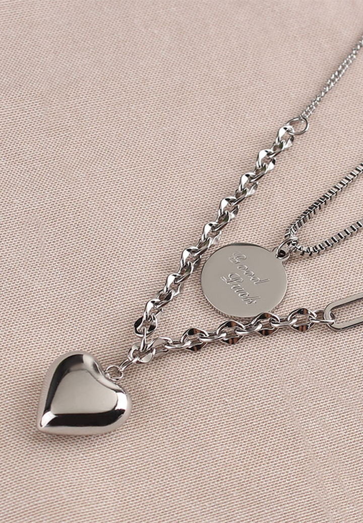Celovis Jewellery - Evangeline Heart Pendant with Separable 'Good Luck' Disc Tag Necklace in Silver