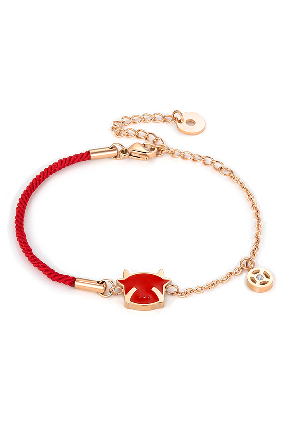 Lucky Oxen with 0.005 Ct Diamond Red String Rose Gold Bracelet